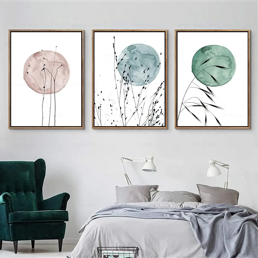 Green Wild Grass Moon Watercolor Canvas Painting Nordic Posters And Prints Minimalist Modern Wall Art Picture Living Room Decor