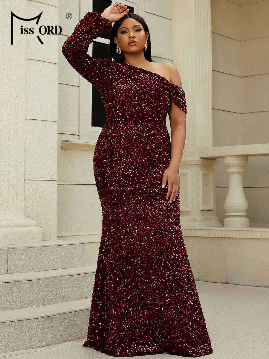 Missord Wine Sequin Plus Size Evening Dress Elegant Women One Shoulder Long Sleeve Asymmetrical Neck Party Prom Dresses Gown