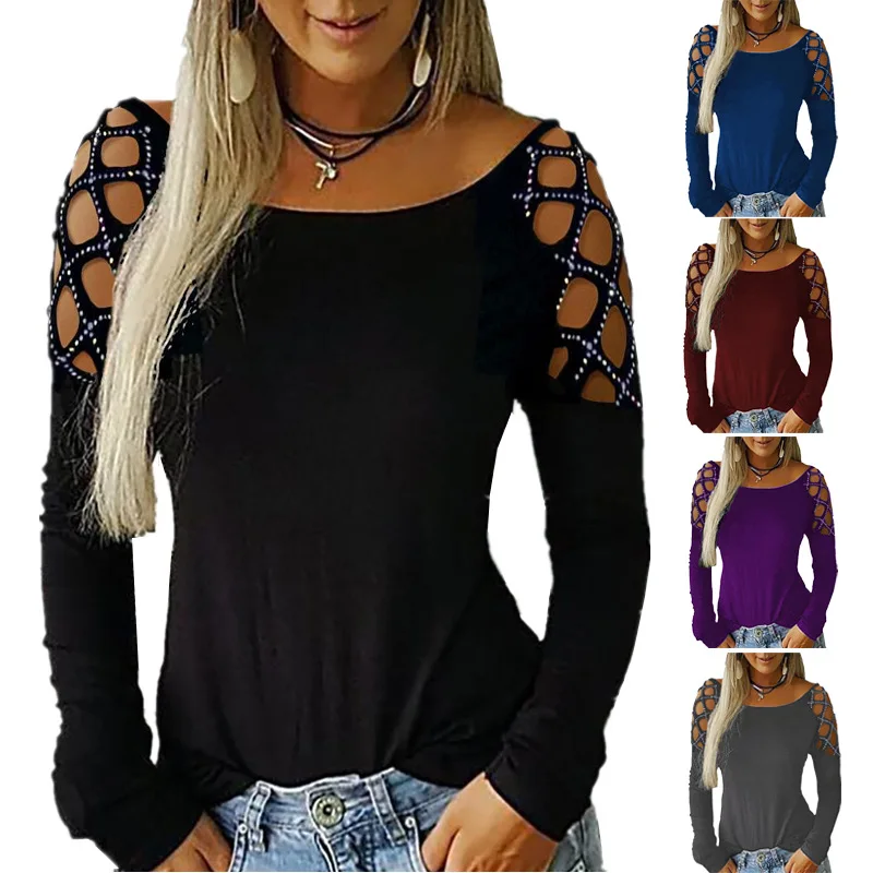women's T-shirts Fashion Tshirts Autumn Round Neck Hot Drilling Hollow Long-Sleeved Upper Garment T-shirt T Shirt LDM190910