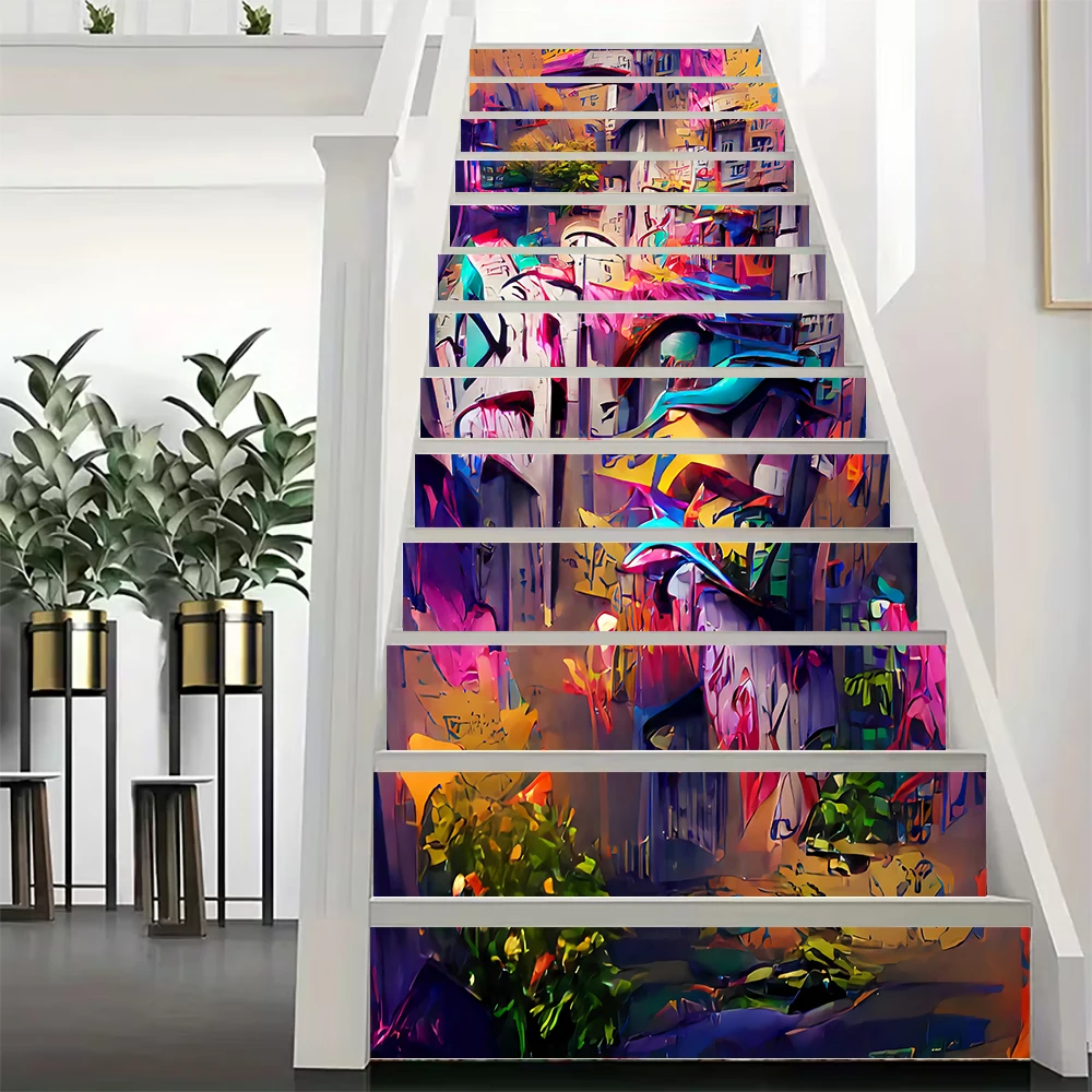 Urban Street Graffiti with Heart Motif Stair Stickers 2D Flat Self Adhesive Colorful Street DIY Interior Staircase Decoration