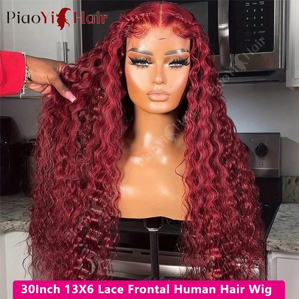 

30Inch Burgundy 13x6 Hd Lace Frontal Human Hair Wigs 99J Color Water Wave Lace Front Wigs 210% Density 100% Human Hair Wigs