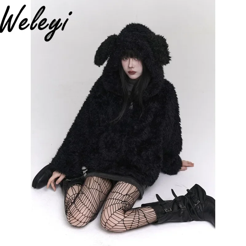 

Girls Cute Rabbit Ears hooded Plush Coat for Women Winter Subculture Punk Warm Black Furry Lamb Wool Coats Chaquetas Para Mujer