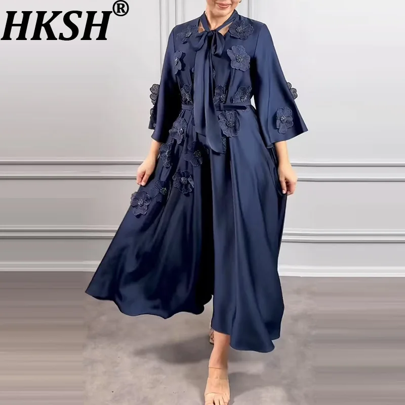 

HKSH Новое летнее женское стильное платье с трехмерным цветочным шарфом и воротником на поясе с драпировкой Элегантные модные повседневные платья HK8984