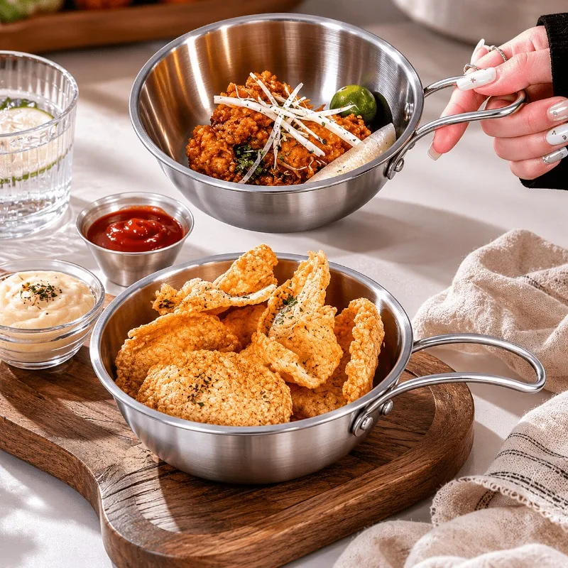 Two-pack, handled food bowls - made of stainless steel, ideal for serving food, salads and fruits.