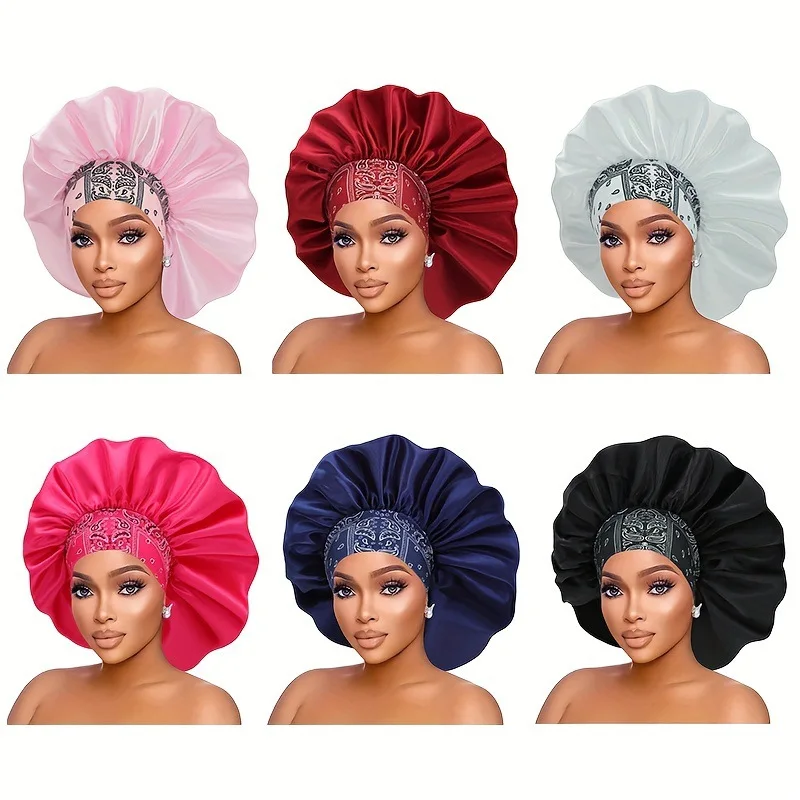 Hot-selling Popular Wide-brimmed Elastic Extra-large Round Hat, Ethnic Style Satin Nightcap, Beauty Hair Care Cap