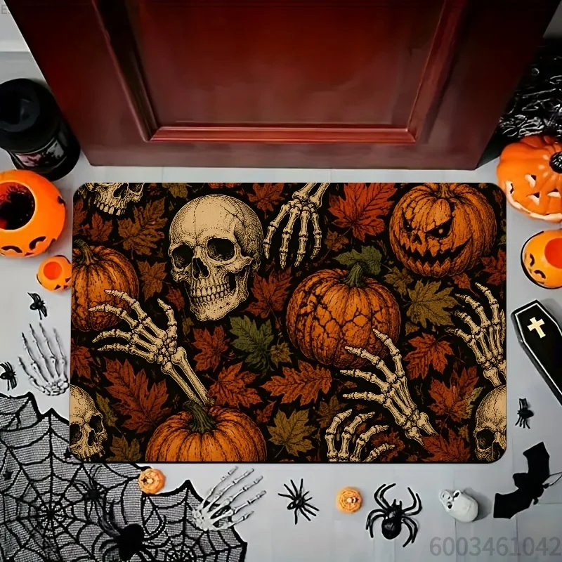 Skeleton Hand Skull Pumpkin Halloween Doormat Autumn Maple Leaf Anti‑Slip Floor Mat Spooky Front Door Decor Rug