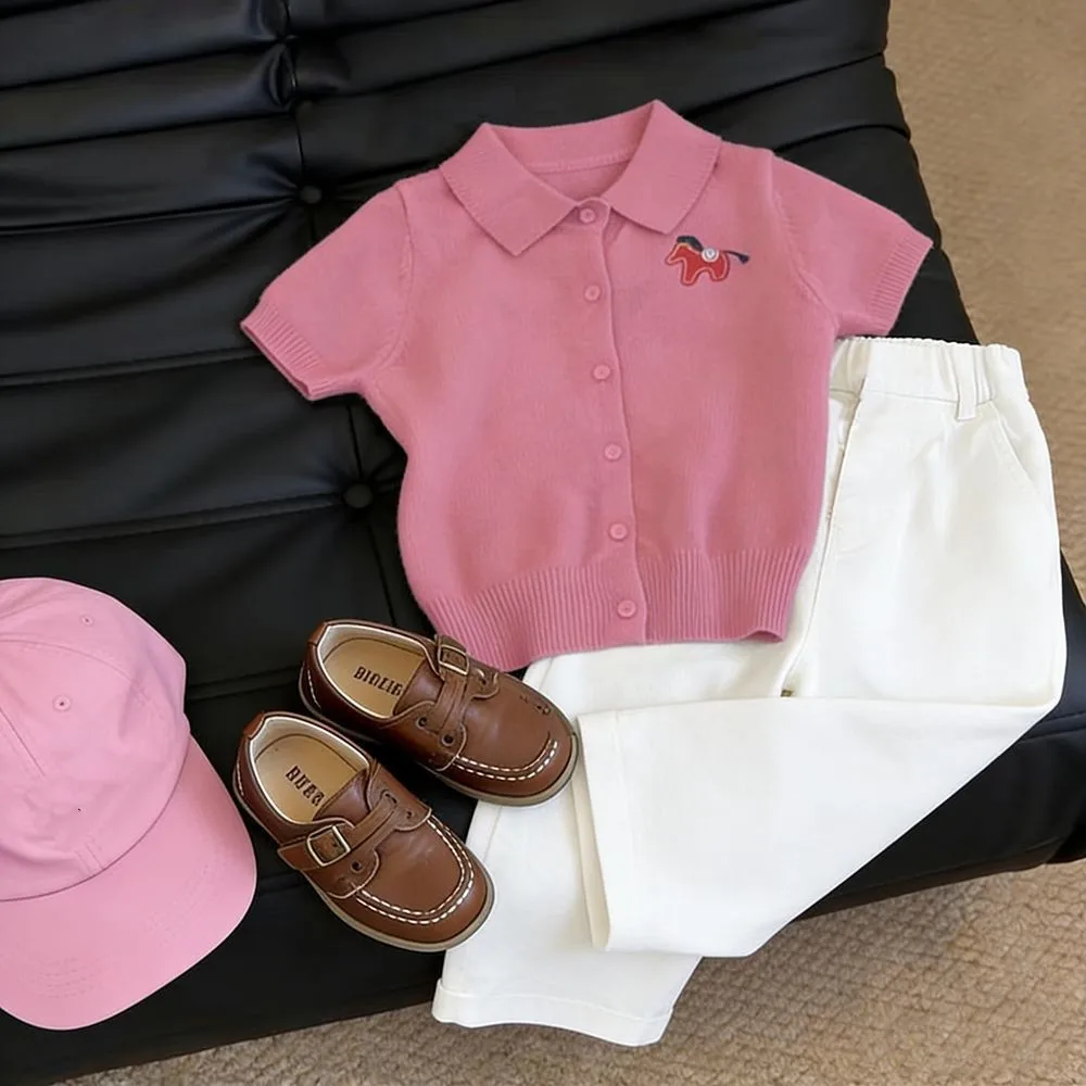 

Teen Girls Summer Set Children's Short Sleeve Knitted Polo Shirt And Casual Pants Two-Piece Set Kids Outfit