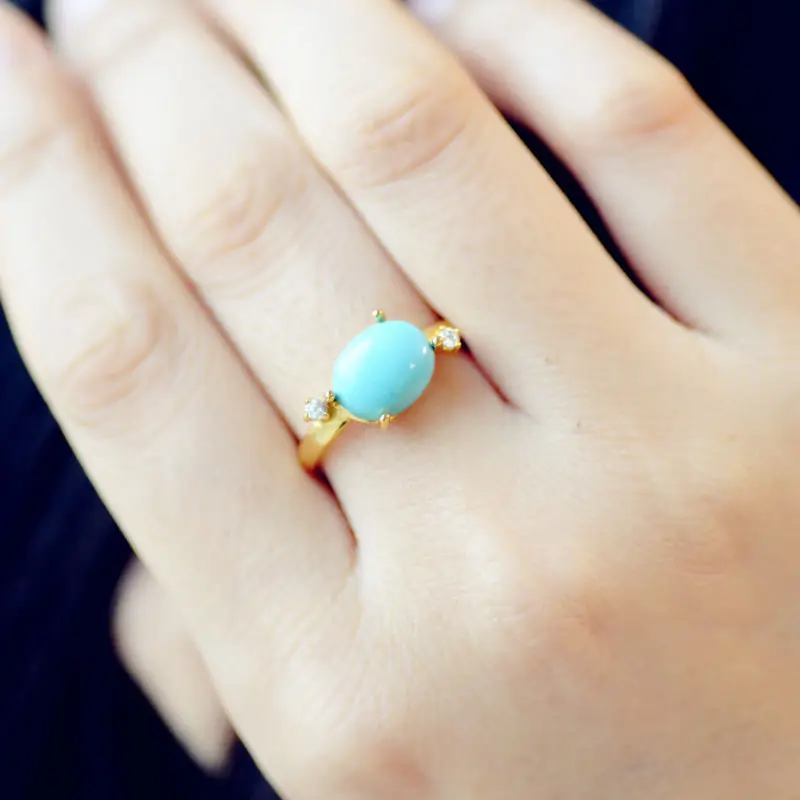 High-Quality Imitation , Blue Porcelain Gold-Colored Ring Inlaid With Turquoise, Ethnic Style Jewelry