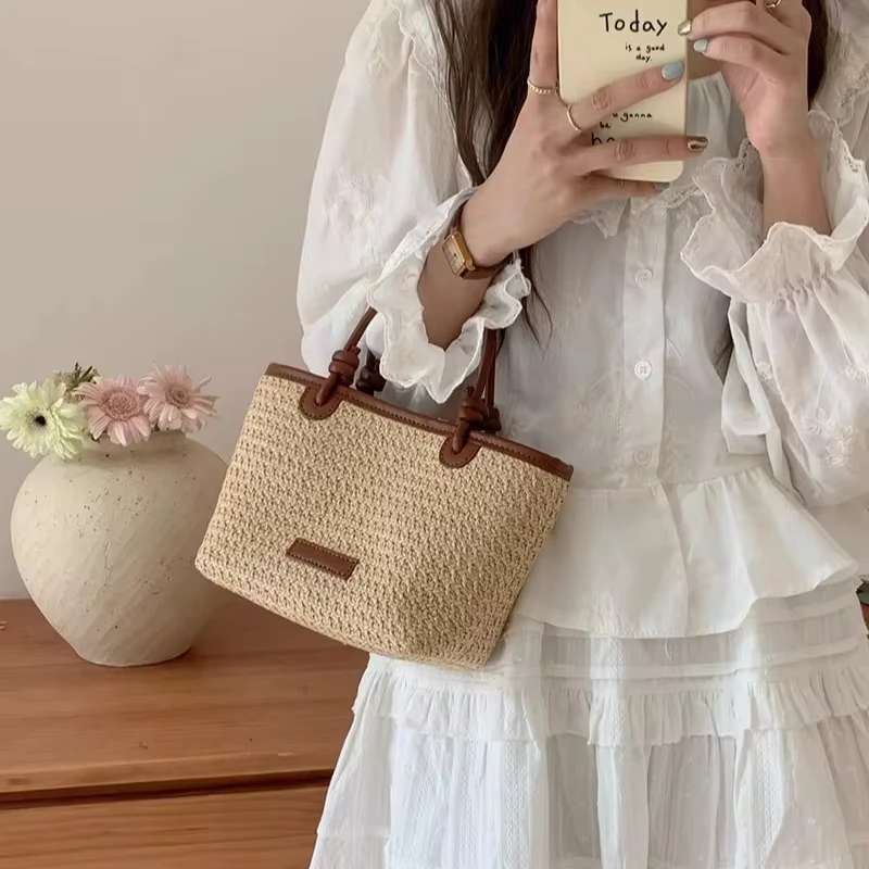 New Straw Woven Crossbody Bags For Women 2024 Summer Rattan Vacation Bucket Shoulder Bags Summer Seaside Beach Handheld Handbags