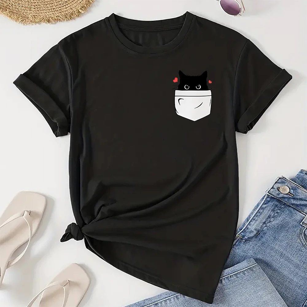 CLOOCL Fashion Animals Cotton T-Shirts Black Cat Fake Pocket Printed Pocket T-shirt Mens Women Short Sleeve Shirts Hip Pop Tops