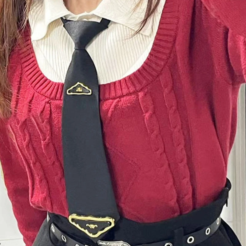 SZL Women Pre Tied Necktie with Triangular Charm Preppy Student Uniform Neck Tie