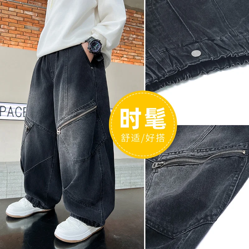 High Quality Kids Cargo Jeans for Boys Heavy Work Baggy Loose Fit Denim Pants with Pockets Fashionable Tweens Child Jeans Trouse