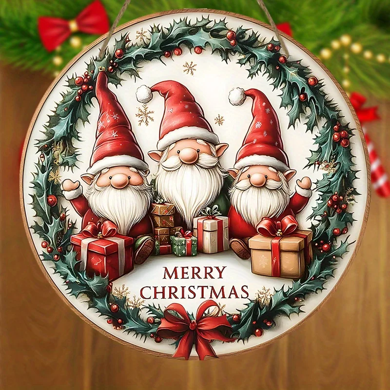 2D Flat, Adorable Christmas Gnome Wooden Sign - 2D Relief Merry Christmas Design with 3 Santa Hat Gnomes, Holly Berries & Snowfl