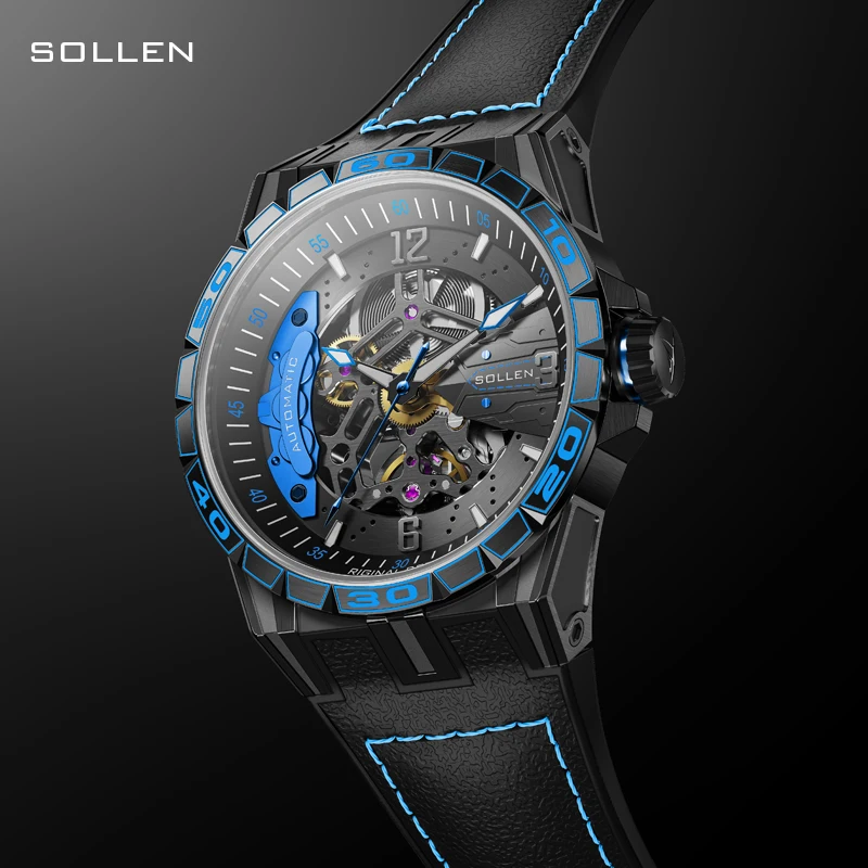 Switzerland Luxury Brand SOLLEN Automatic Mechanical Men\'s Watches Luminous Waterproof Dual Skeleton Leather Strap Clocks SL357