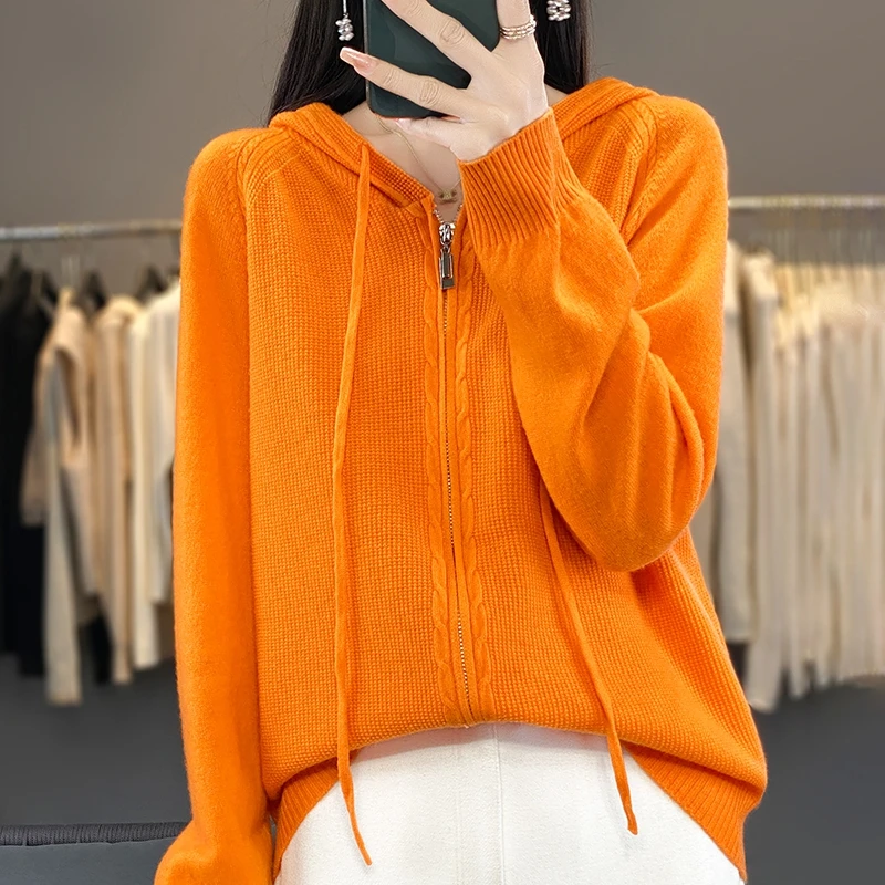 Maglione allentato jolly da donna primaverile e autunnale con Cardigan in lana pettinato con cappuccio maglione per il tempo libero cappotto in tinta unita con doppia cerniera