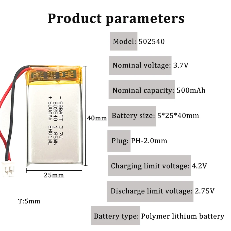 8pcs 502540 500mAh 3.7V Li Po Battery 052540 Rechargeable Lithium Polymer Batteries for Dvd Mp3/mp4 GPS LED Light Recorder GPS - view 5