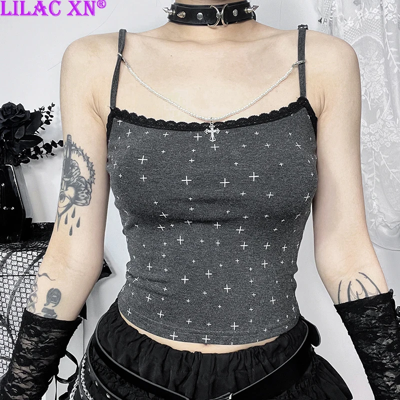 

Y2K Goth Cross Print Chain Corset Crop Top Sexy Lace Trim Sleeveless Backless Camisole Basic Tank Tops Women Summer Camis