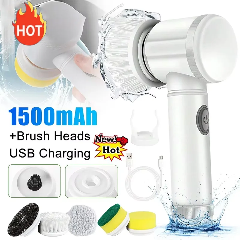 

Электрическая щетка для чистки ванной комнаты, вращающийся скруббер, мощный скруббер с 5 сменными насадками, беспроводной инструмент для чистки кухни