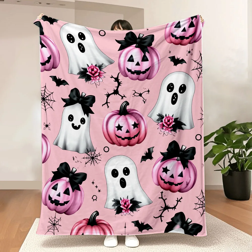 1PC Ghost and Pink Pumpkin Print Blanket-Made of soft plush flannel, perfect for sofas, beds or recliners. It's perfect for Hall