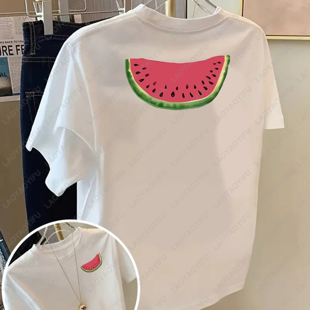 Short-Sleeved Top with A Front and Back Design Featuring Watermelon A Summer Fruit Print Round Neck Casual Style for Women
