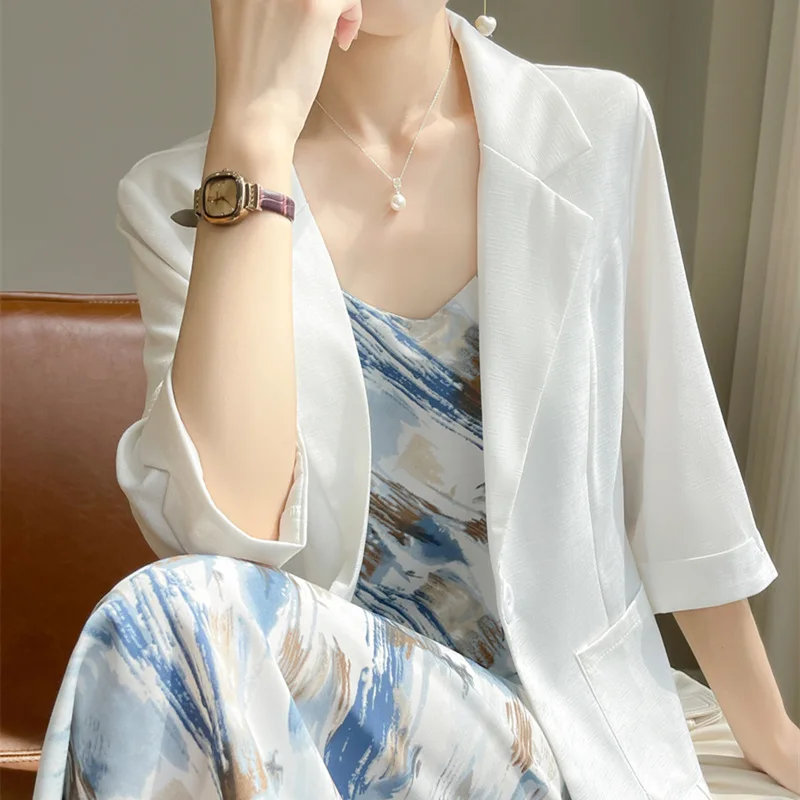 2023 Summer New Cotton Linen Embroidery Thin Suit Collar Regular Sleeve Women's Coat Loose Fit Casual Versatile Thin Suit