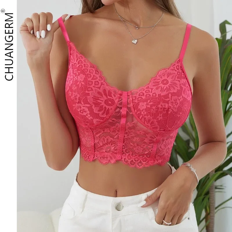 

CHUANGERM Sexy Corset Sexy Woman Push Up Hottie Hollowing Mesh See Through Slim Crop Top Women's Lace Cami Corset Tops Lingerie