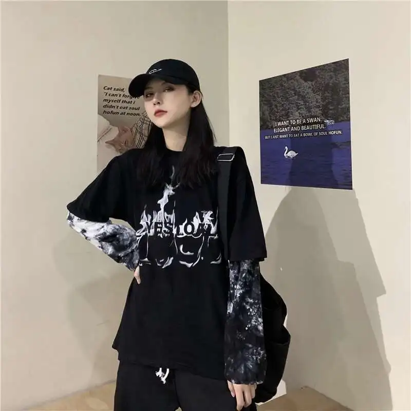 Man Women T-shirt High Street Cool Style Girl Dressing Splicing Fake Two Piece Loose Medium Long Tie Dyeing Long Sleeve T-shirt