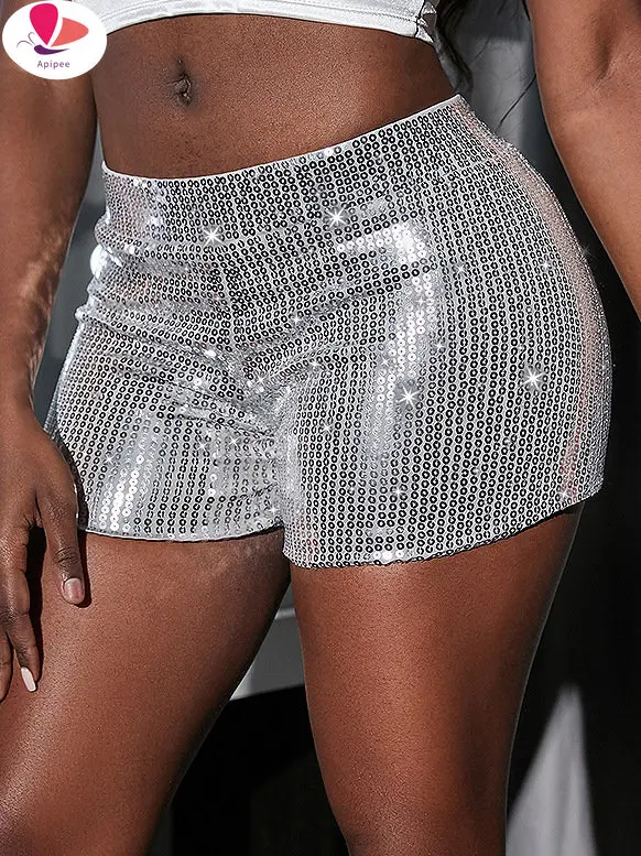 APIPEE Bling Metallic Sexy Shorts For Women Sequin High Waist Black Skinny Shorts Party Nightclub Dance Bottoms Hot Girls Wear