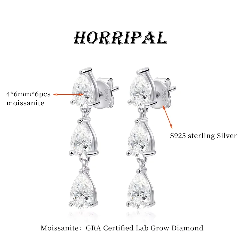 HORRIPAL 4*6mm Moissanite Stud Earrings for Women Water Drop S925 Sterling Silver GRA Certificate Sparkling Party Jewelry Gifts