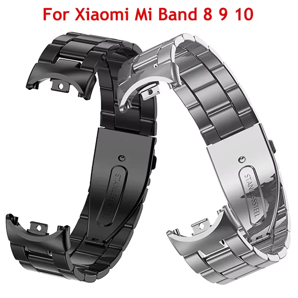 Metal Watch Strap For Xiaomi Band 10 9 8 Stainless Steel Smartband  For Xiaomi Mi band 10 9 8 NFC Folding Clasp Wristband