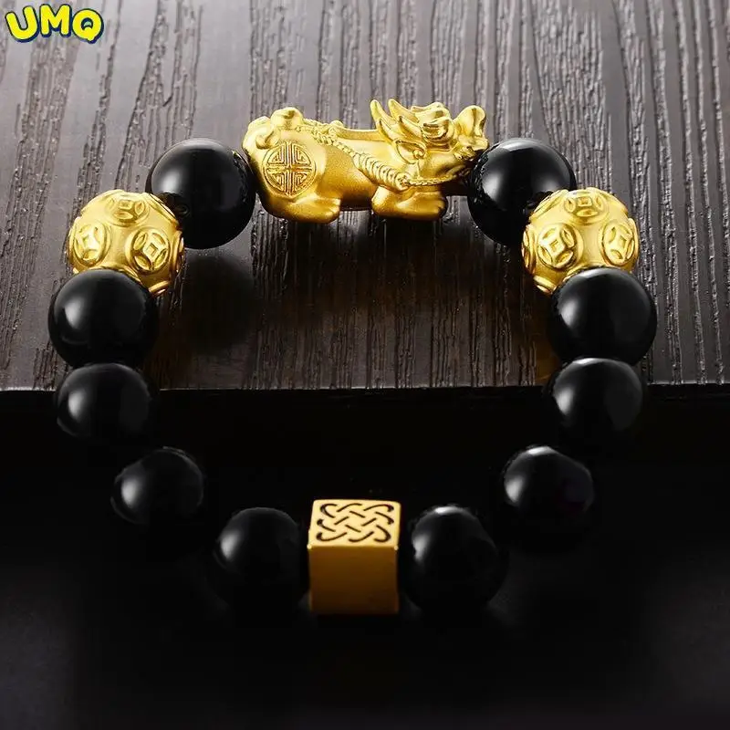 

Vietnam's Gold Obsidian Money Pixiu Bracelet Brass Gold-plated Octagonal Bead Men's and Women's Buddha Beads Rosary Health