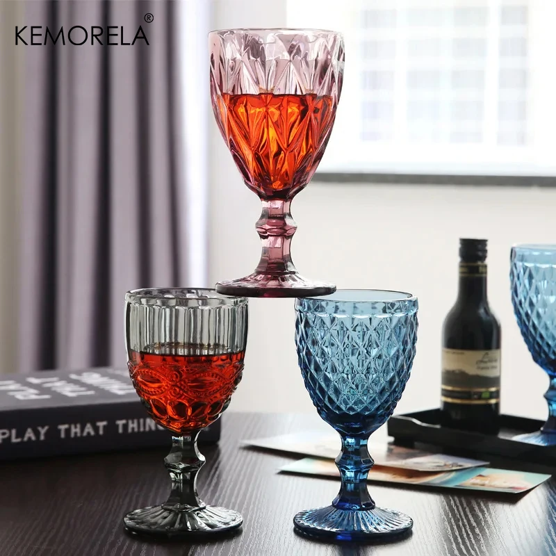 2/4PCS Set Carved Goblet Whiskey Red Wine Glasses Thicken Multicolor Retro Heat-Resistant Cocktail Juice Champagne Glass Cups