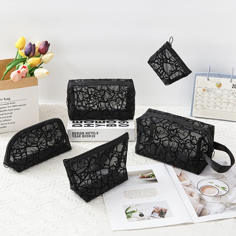 Net Heart Shaped Makeup Bag for Women Girl  Multi Functional Portable Visual Storage Bag Simple Large Capacity Cosmetics Bag