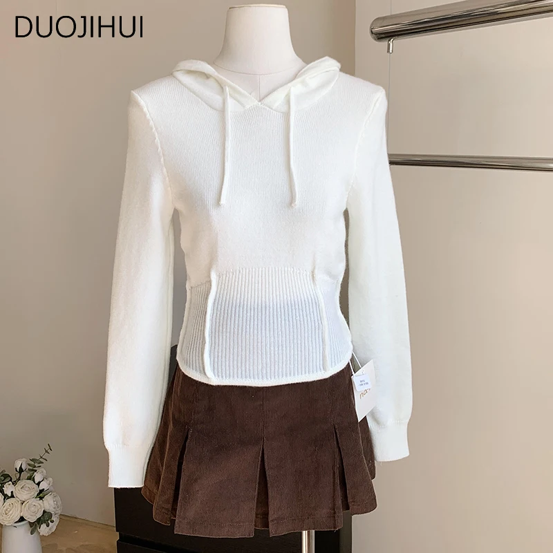 Duojihui Beige Basic Kapuze Chic Kordel zug Frauen Pullover Frühling süße schlanke Taille einfarbig Mode lässig weibliche Pullover