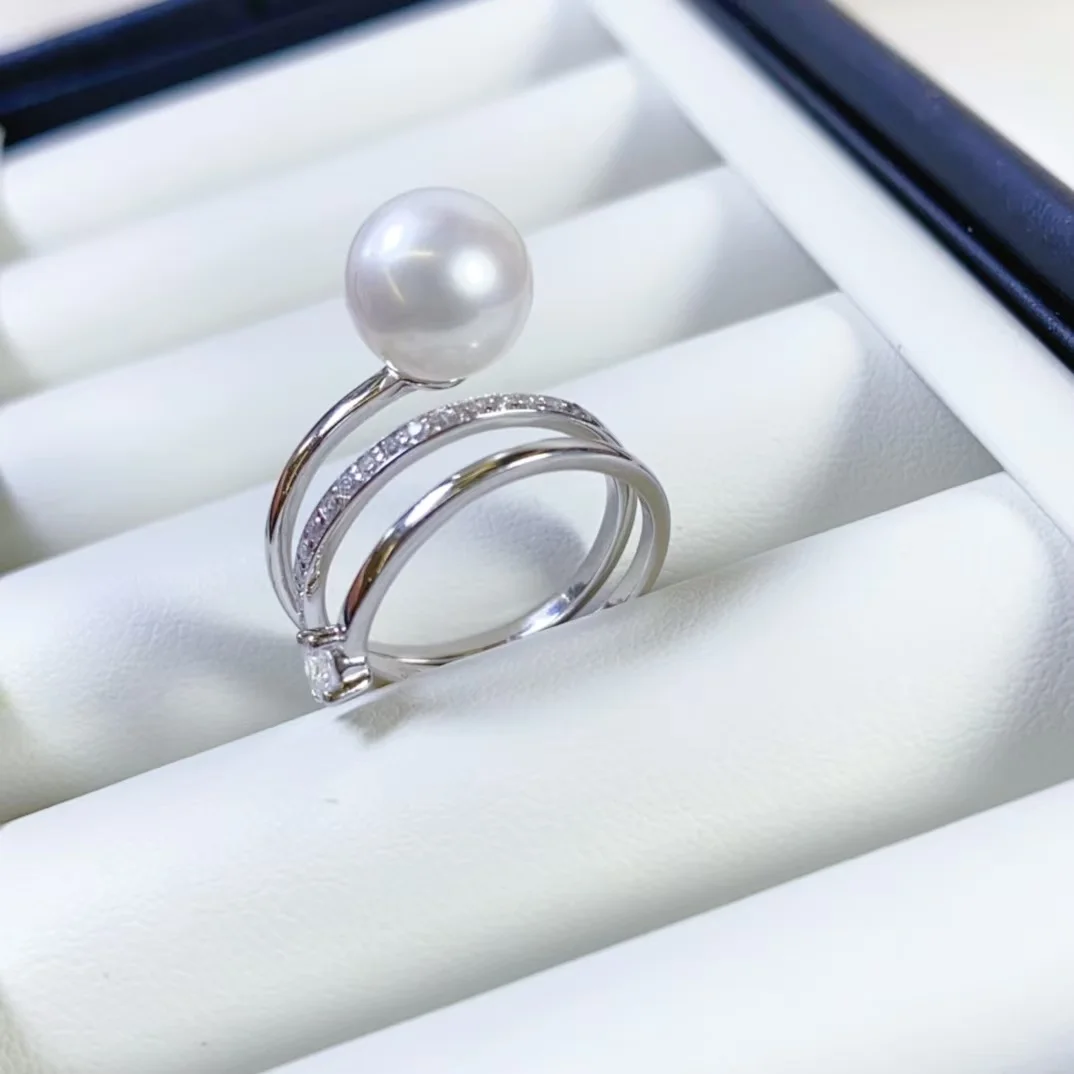 

Gorgeous ring AAAA 9-10mm natural South Sea round white pearl ring 925s
