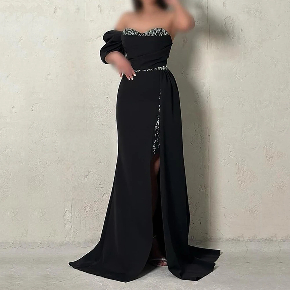 

Customized Yipeisha Elegant Sparkly Black Jersey Evening Dress OneShoulder Backless Sequined With Sweep Train A-line Floor Lengt