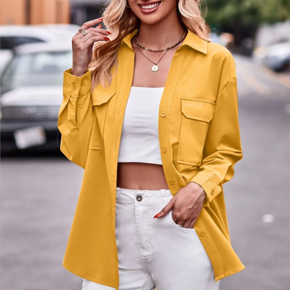 Yellow Lapel Blouse Top 2024 Women\'s Autumn/Winter New Casual Fashion Double Pocket Splicing Loose Long Sleeve Solid Color Shirt