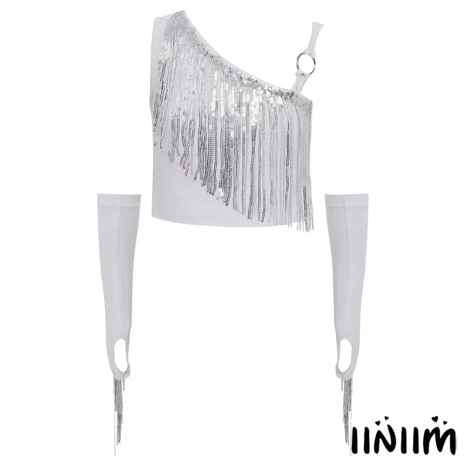 

Kids Girls 2 Piece Hip Hop Jazz Dance Costume Shiny Sequin Asymmetrical Crop Top with Fringe Gloves for Belly Dance Performance