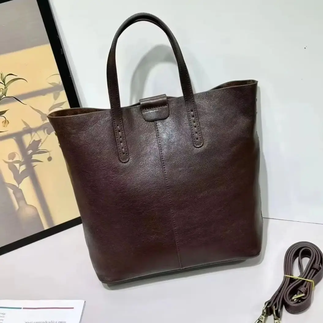 

Retro Vegetable Tanned Cowhide Women Bucket Bag Luxury Ladeis Shoulder Crossbody Three Compartment Tote Bag Real Leather Handbag