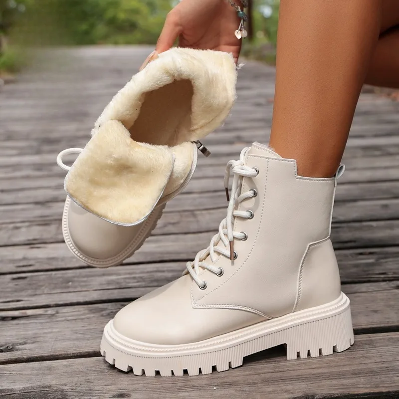 Winter New Warm Fleece Lined Thick Soled Women's Mid Calf Boots 2026 Fashionable Lace Up Design Comfortable Casual Women Boots