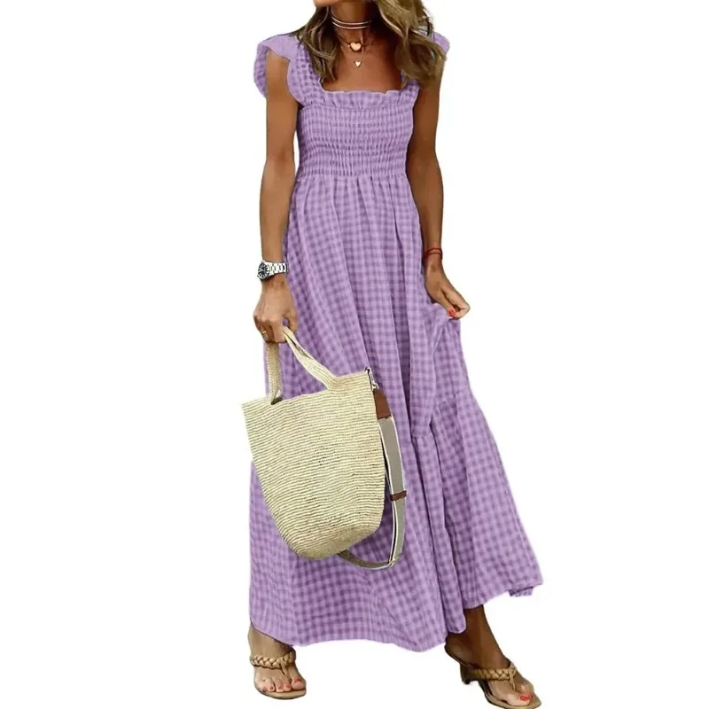 Elegante abito lungo maxi scozzese da donna estivo senza spalline con volant senza schienale pieghettato elastico in vita Boho Party Swing abiti larghi