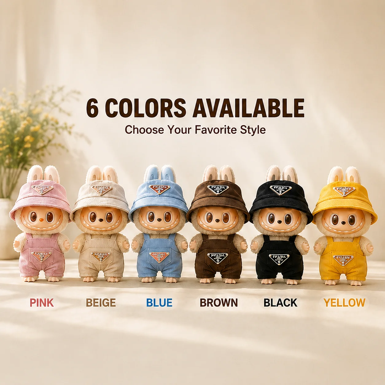 Cute Doll Clothes Set Compatible with Labubu 17cm Plush Doll, Corduroy Rabbit Ear Hat & Outfit, Doll Clothing Accessories