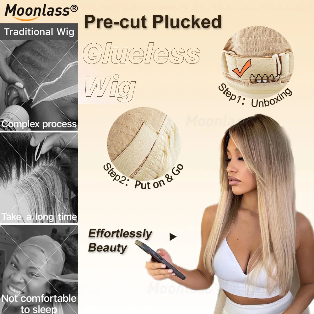 Moonlass Cream Grey Blonde Straight 100% Human Hair Wig 210% Density Pre Cut Lace White People Wig 5x5 Glueless Lace Front Wigs