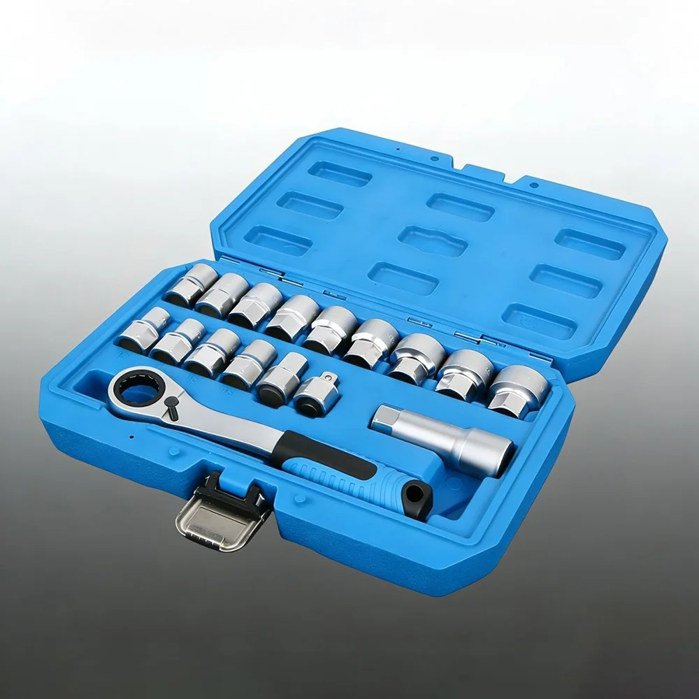17PCS 12 Point Drive Ratcheting Socket Wrench With Extension Bar And Bits For Automotive Repair Pass Through Socket Set