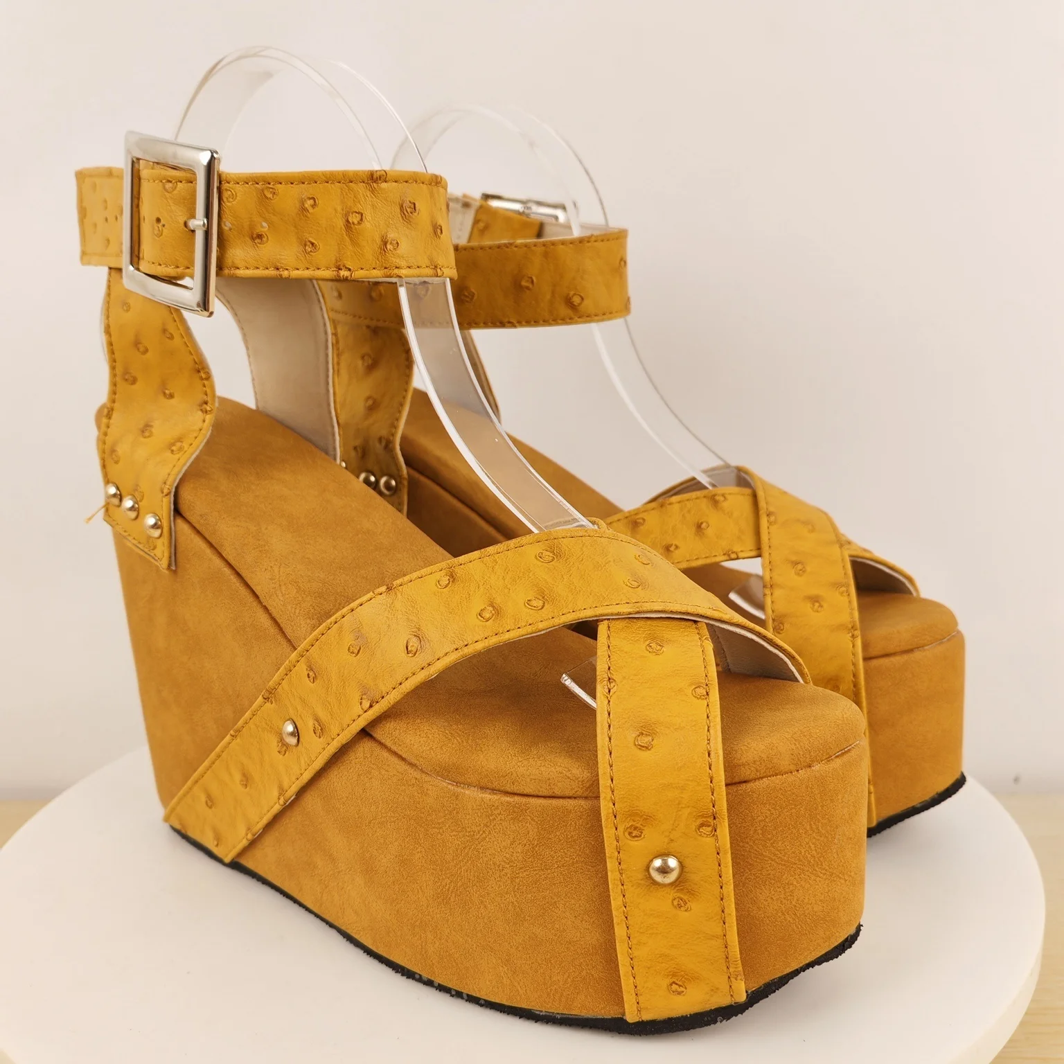 Women's Mustard Ostrich Embossed Platform Wedge Sandals Crisscross Strap with Ankle Buckle for Retro 70S & Festival Statements