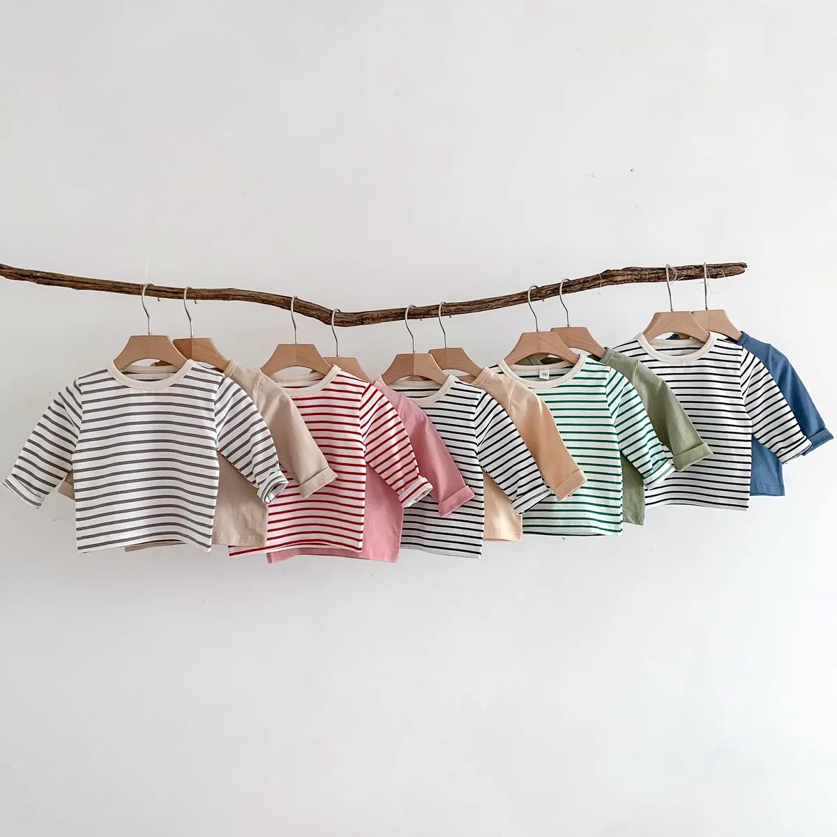 Infant Casual Solid Tops Boys Simple Striped Long Sleeves T-shirt O-neck Pullover Bottoming Shirt Girls Cotton Undershirt