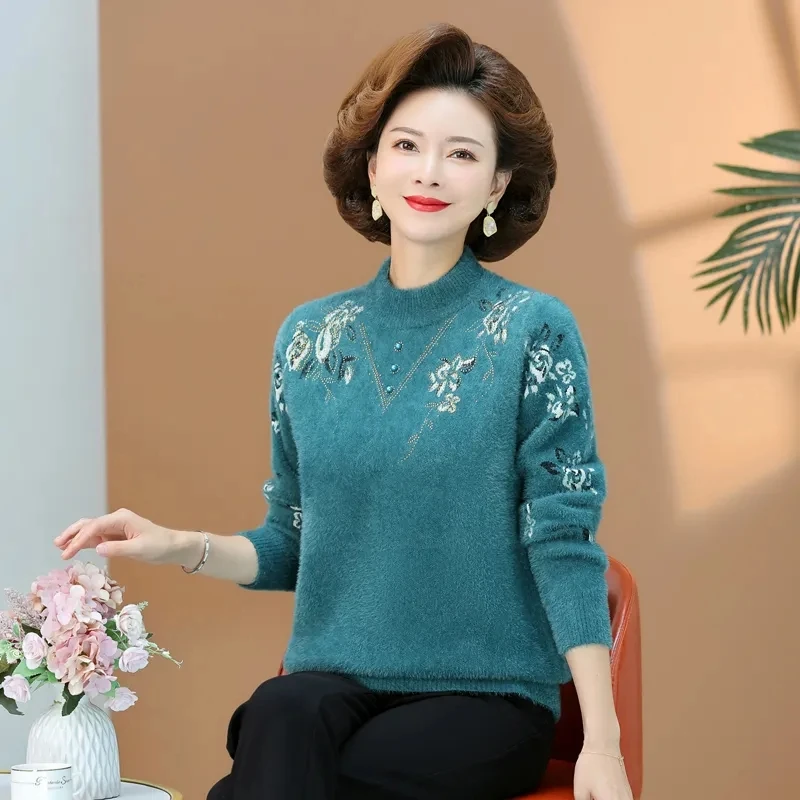 Mother\'s Autumn And Winter Thicken Imitation Mink Fleece Embroidered Sweater Fashion Diamonds inlay Knitted Lady Warm Pullover