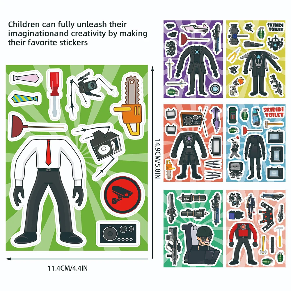 8/16sheets Make a Face Skibidi Toilet Puzzle Stickers Children DIY Assemble Toy Decals Funny Cartoon Jigsaw Game Sticker for Kid - Image 3