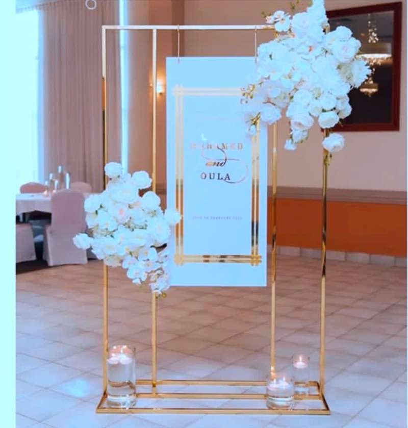 Luxuriöser Hochzeitsbogen, quadratische goldbeschichtete Säulen, Ballon- und Blumenständer für Hochzeitsfeier-Hintergrund, Geburtstagsbühnen-Hintergrund – Detail 6