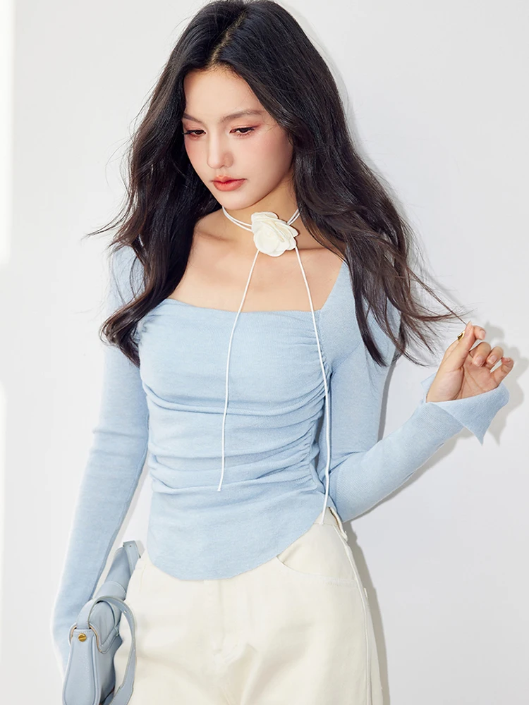 

Gentle Style Square Neck Solid Color Sweater Women Fashion Slim Fit Tops Chic Niche Design Long Sleeve Knitted Tops